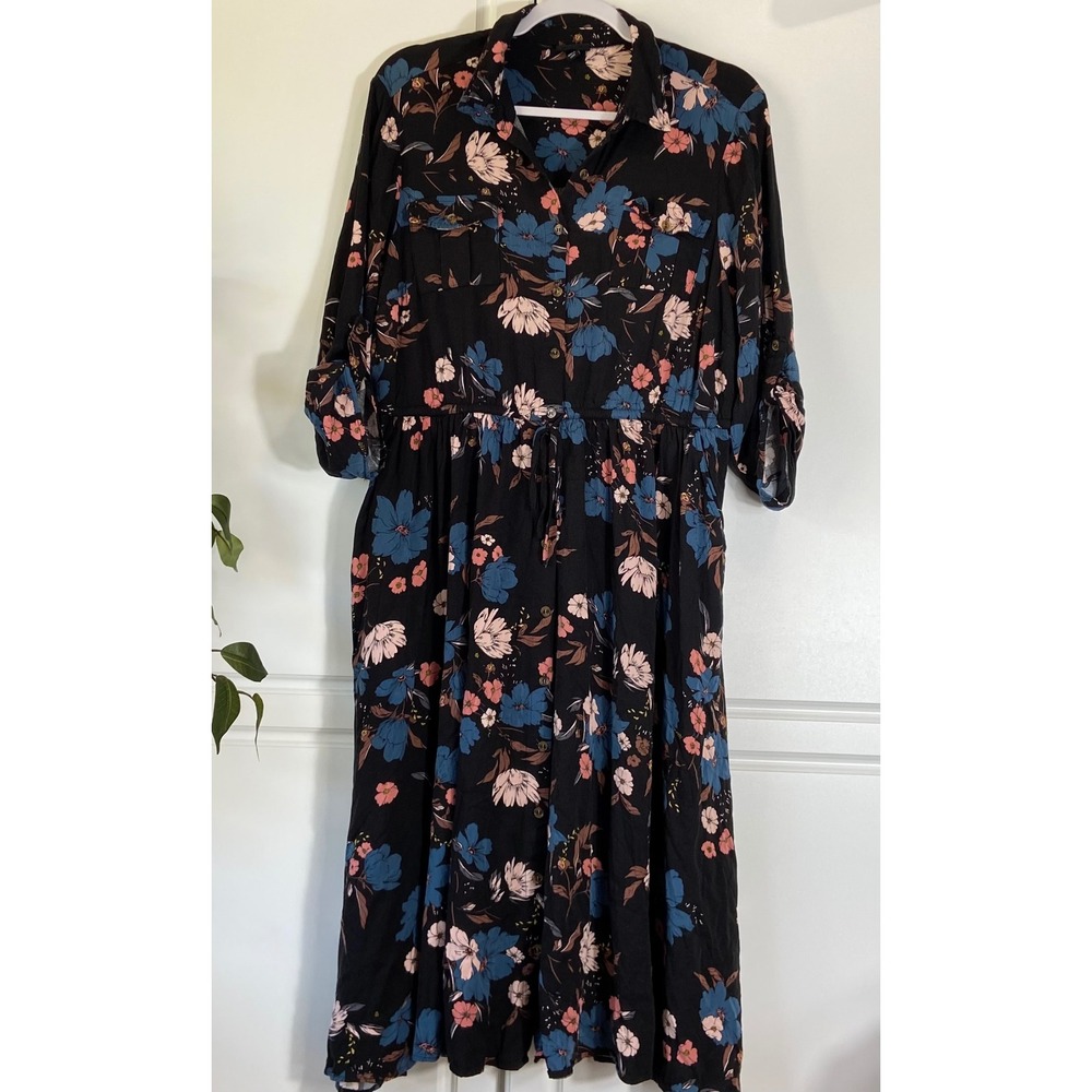 Torrid Black Floral Midi Shirt Dress Button Front Drawstring Waist Size 0 L XL